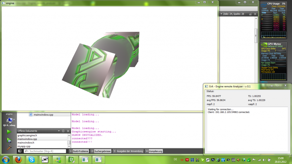 Debug window with CPU and GPU usage, fps, timestep, material switches and vertex array switches per frame.